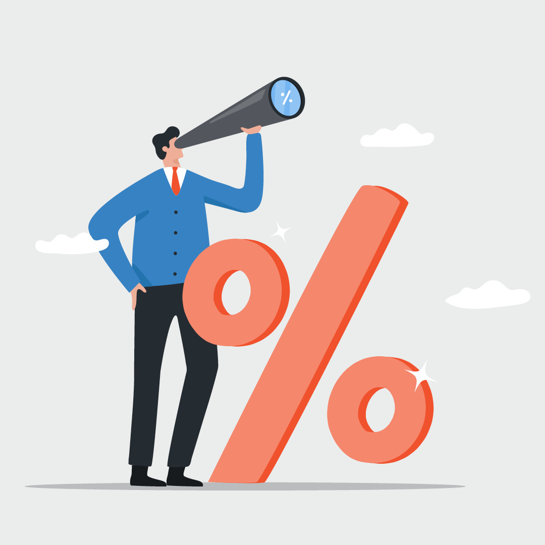 Illustration of a person looking through a telescope next to a large percentage symbol, representing mortgage rate trends and Federal Reserve policy.